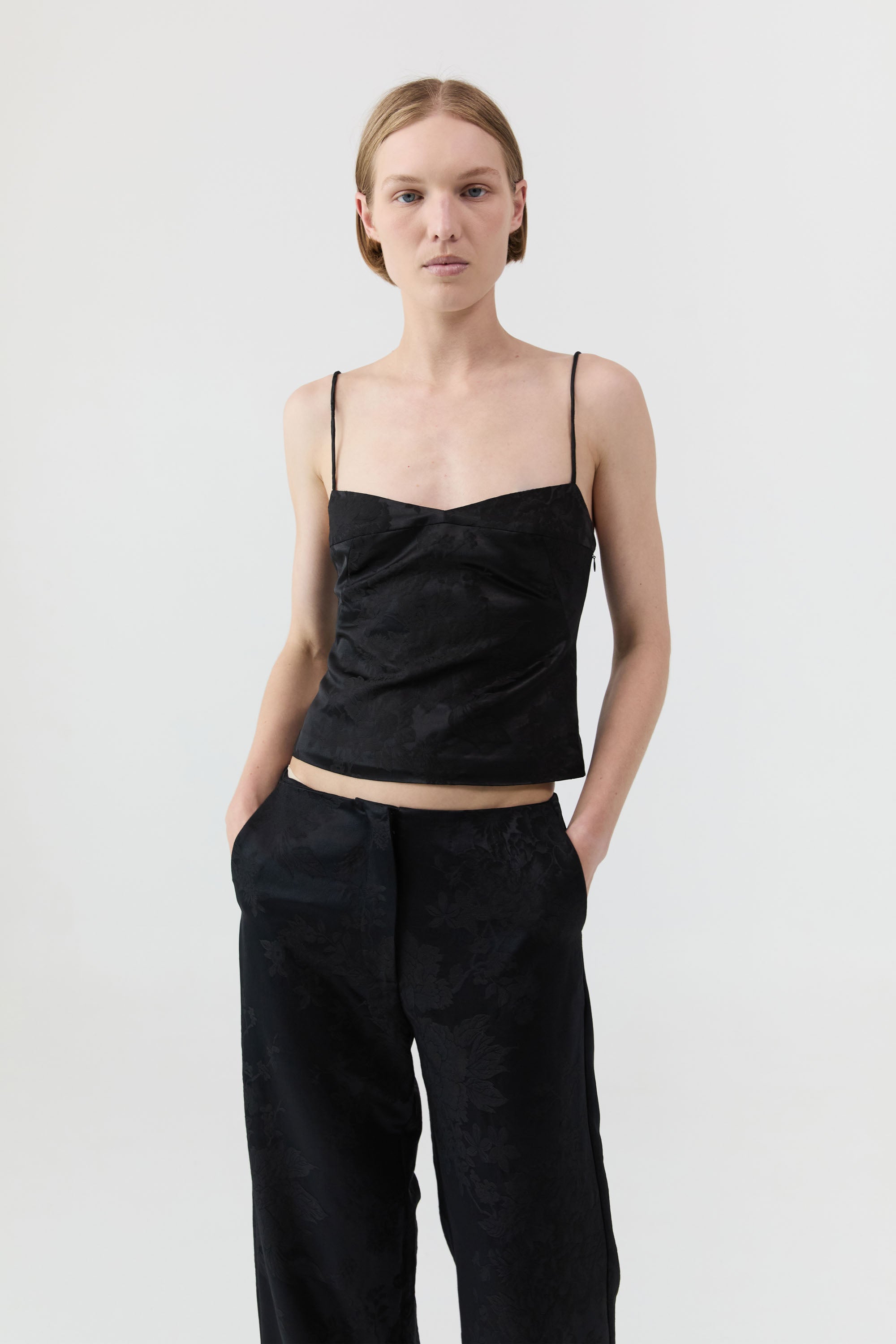 St Agni Silk Wool Jacquard Cami in Black - side view