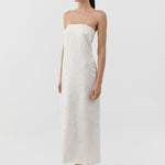 St Agni Silk Wool Jacquard Strapless Dress in Talco - styled look