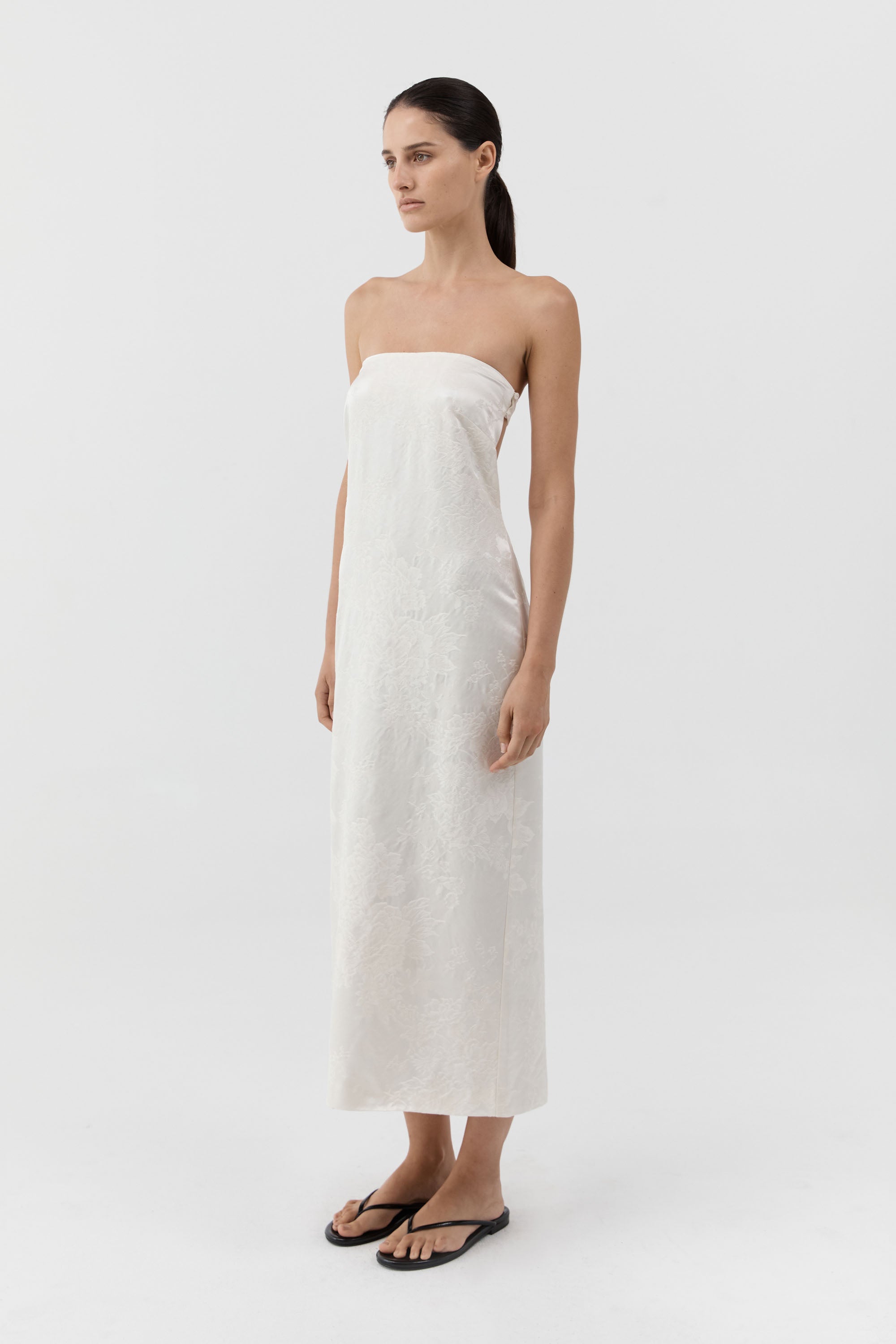 St Agni Silk Wool Jacquard Strapless Dress in Talco - styled look