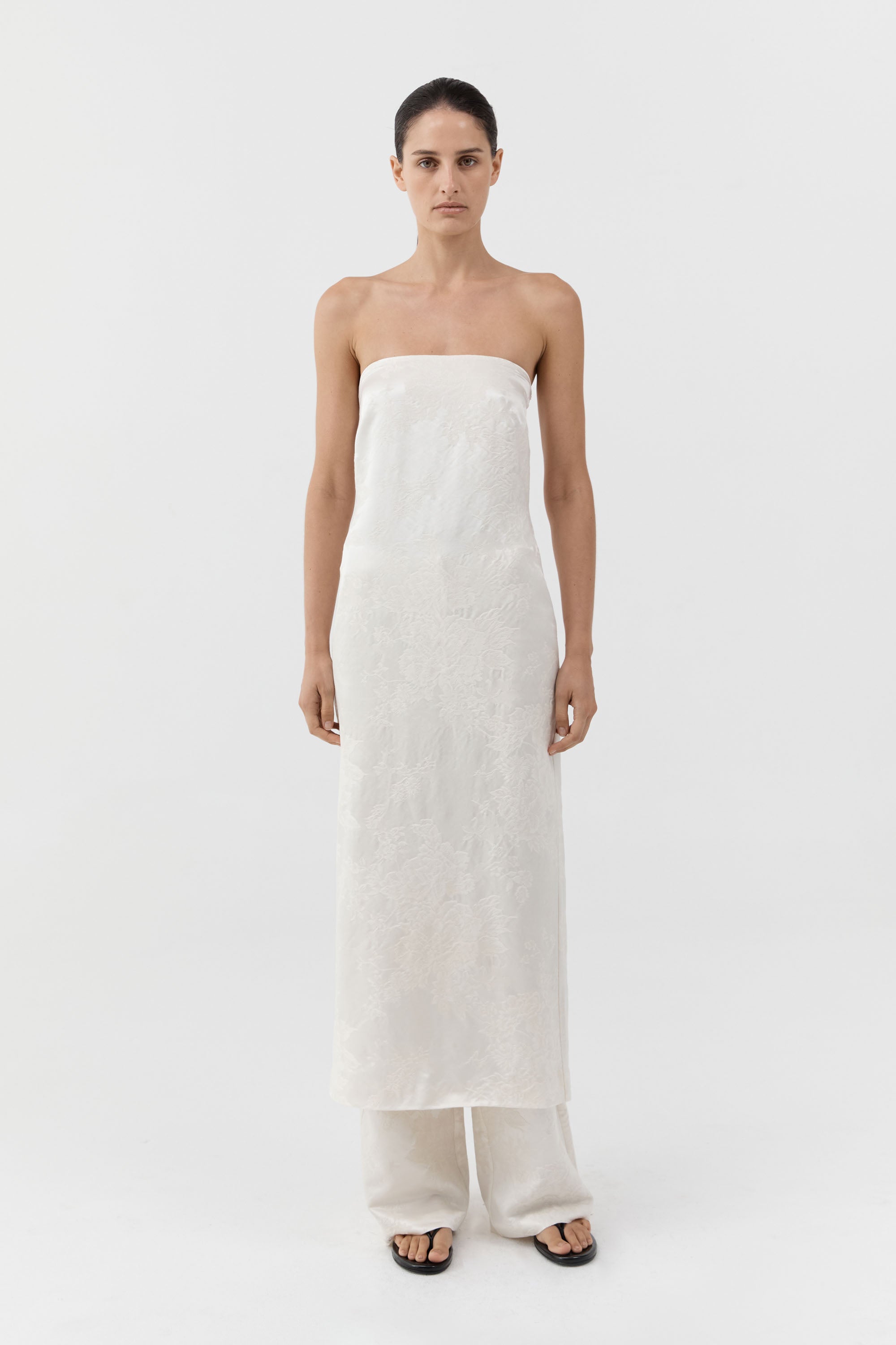 St Agni Silk Wool Jacquard Strapless Dress in Talco - close up