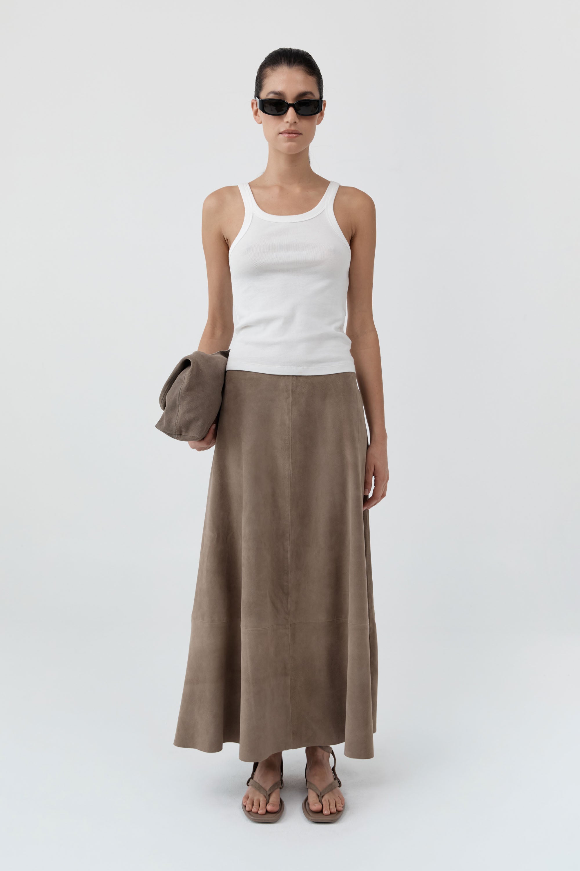 St Agni Suede Circle Skirt in Earth - detail view