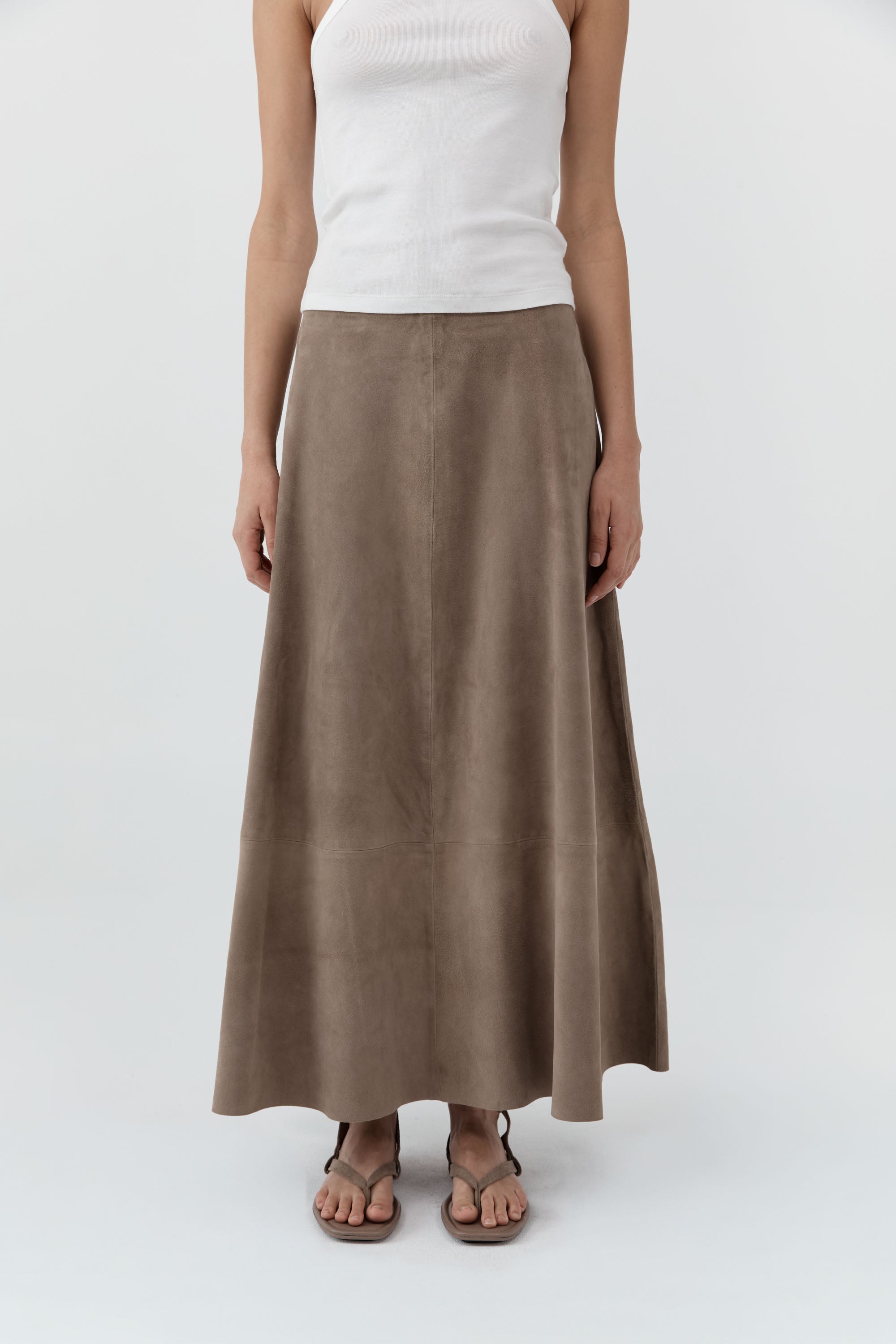 St Agni Suede Circle Skirt in Earth - styled look