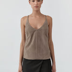 St Agni Suede Low Back Tie Top in Earth - detail view