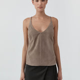 St Agni Suede Low Back Tie Top in Earth - detail view
