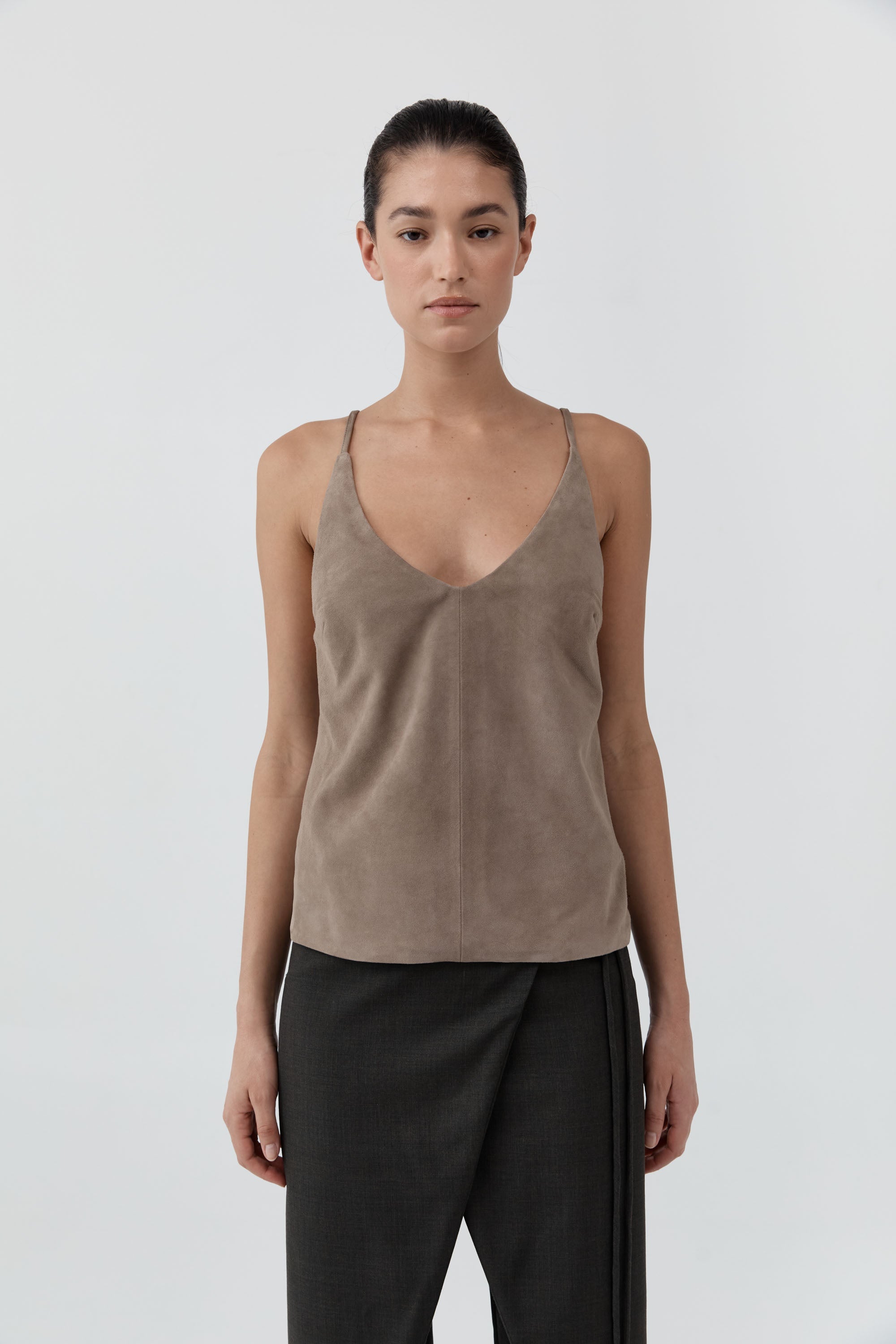 St Agni Suede Low Back Tie Top in Earth - detail view