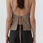 St Agni Suede Low Back Tie Top in Earth - close up