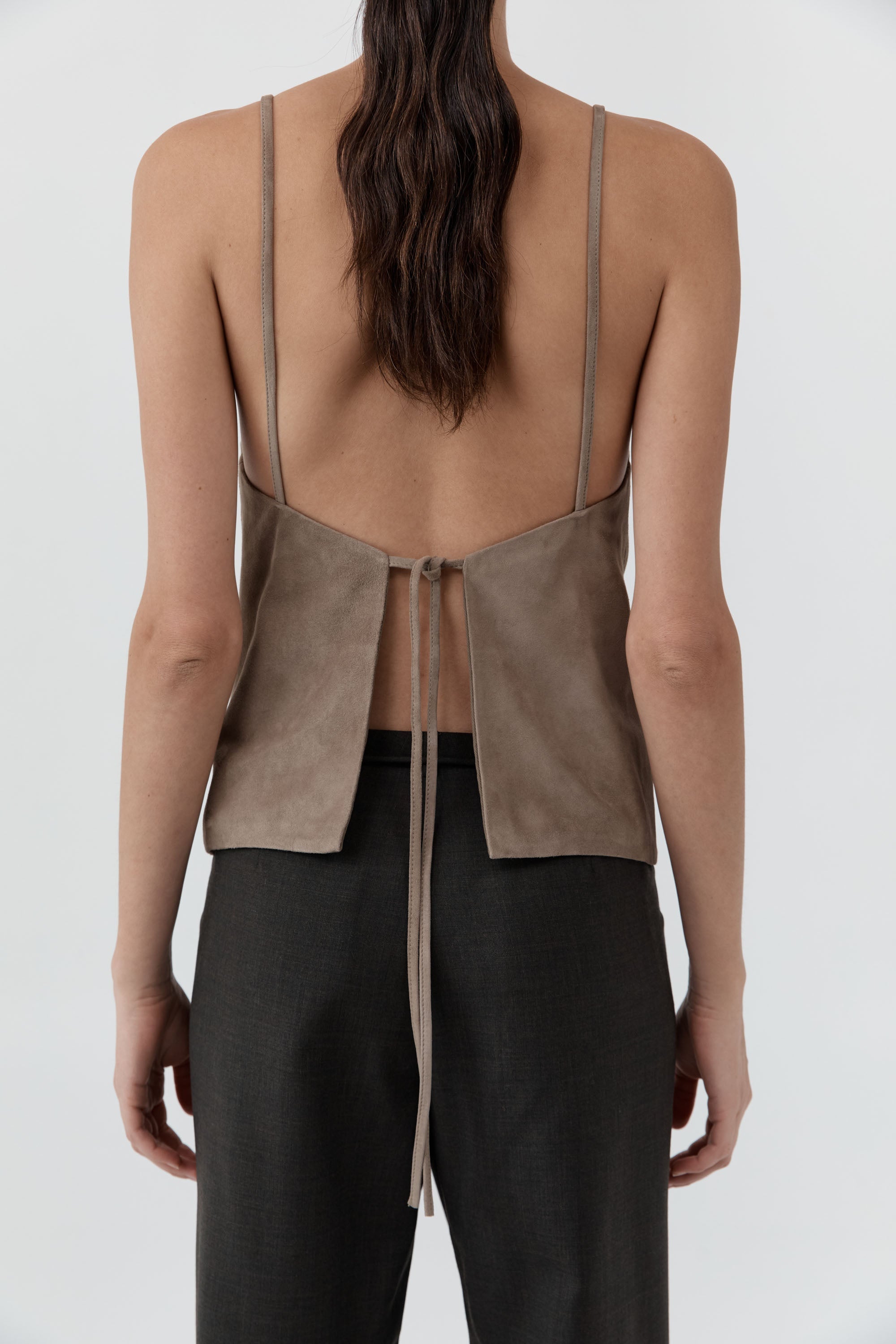 St Agni Suede Low Back Tie Top in Earth - close up