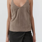 St Agni Suede Low Back Tie Top in Earth - close up