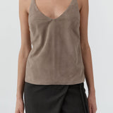 St Agni Suede Low Back Tie Top in Earth - close up