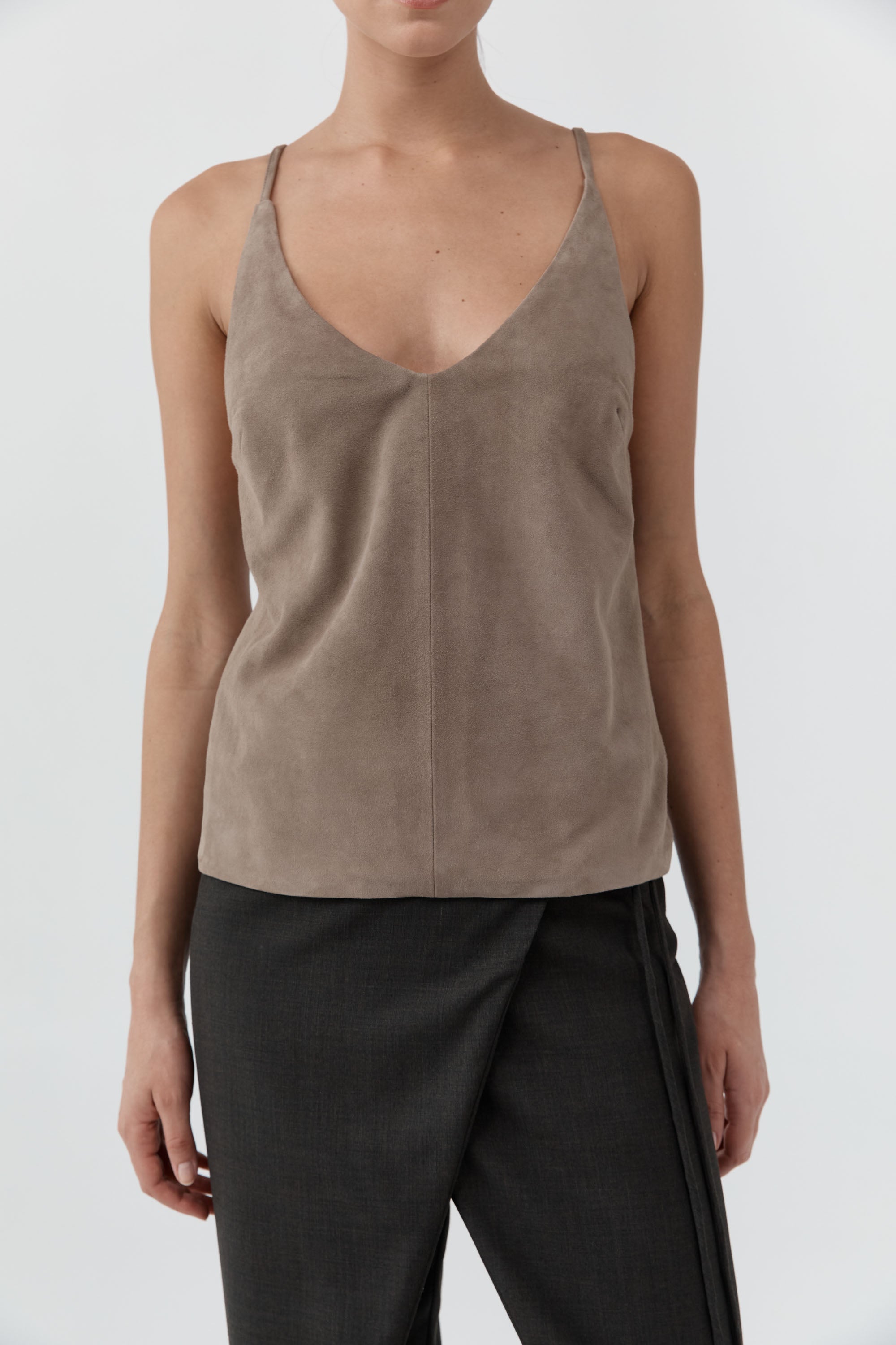 St Agni Suede Low Back Tie Top in Earth - close up
