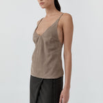St Agni Suede Low Back Tie Top in Earth - styled look
