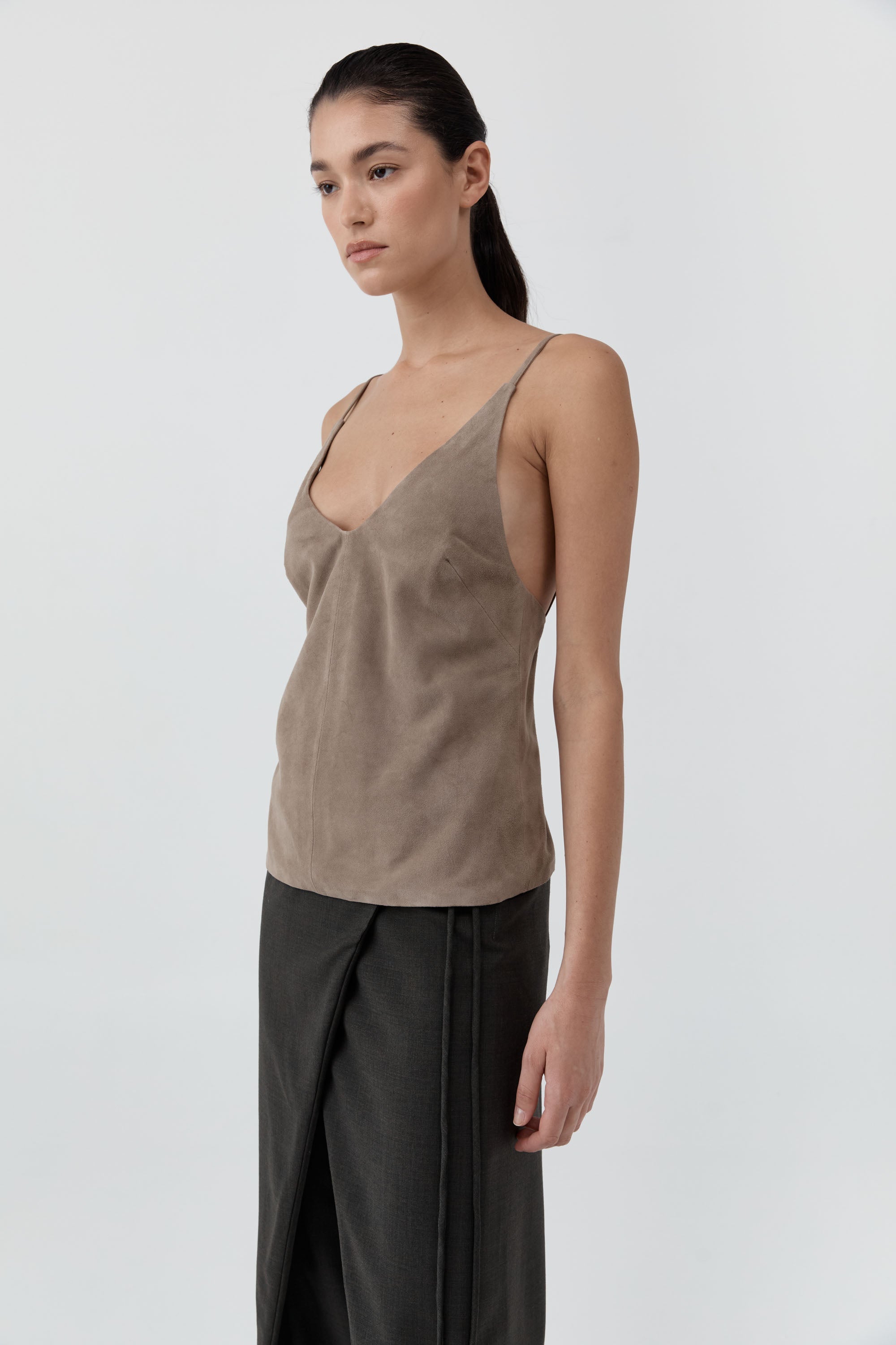 St Agni Suede Low Back Tie Top in Earth - styled look