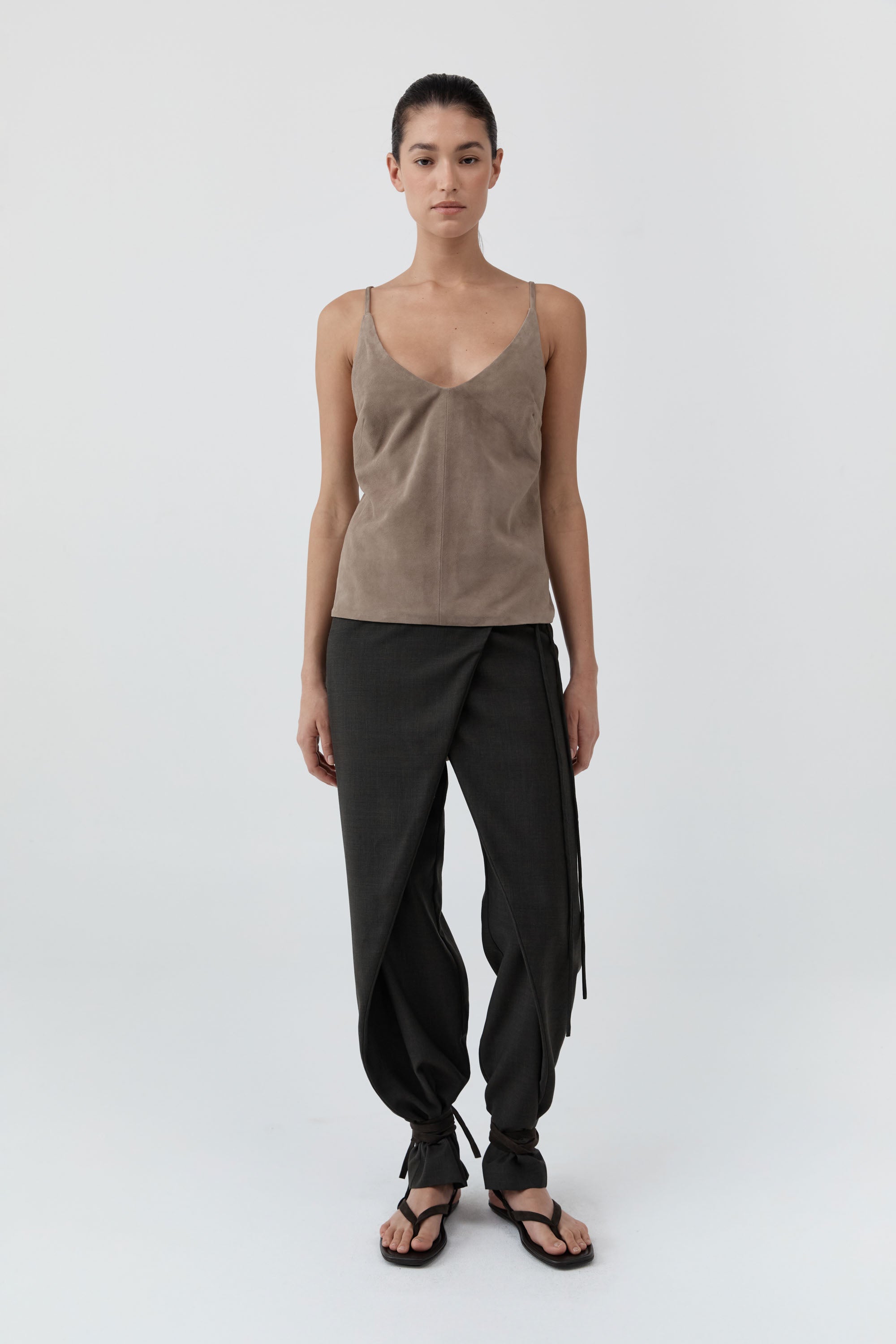 St Agni Suede Low Back Tie Top in Earth - side view