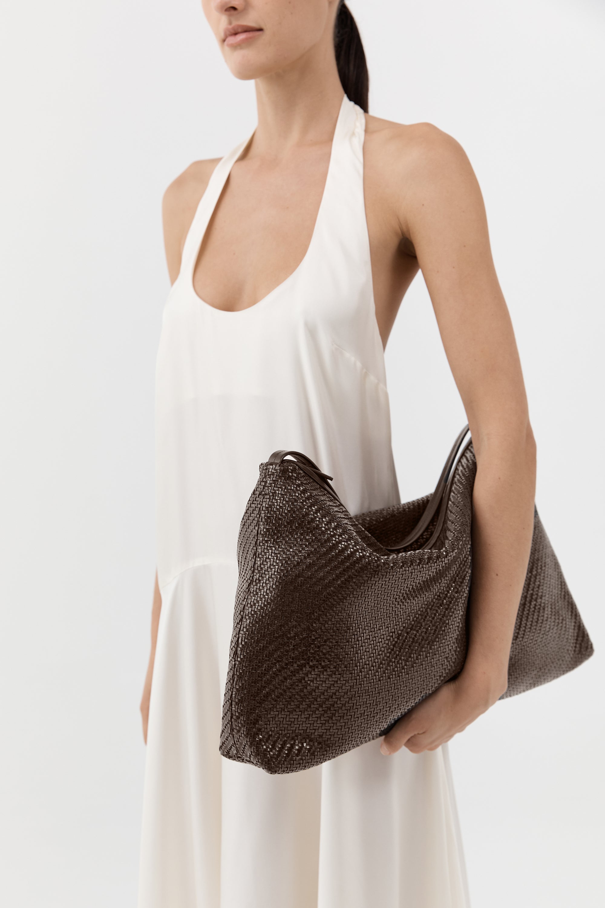 St Agni Woven Hobo Bag in Coffee - side view