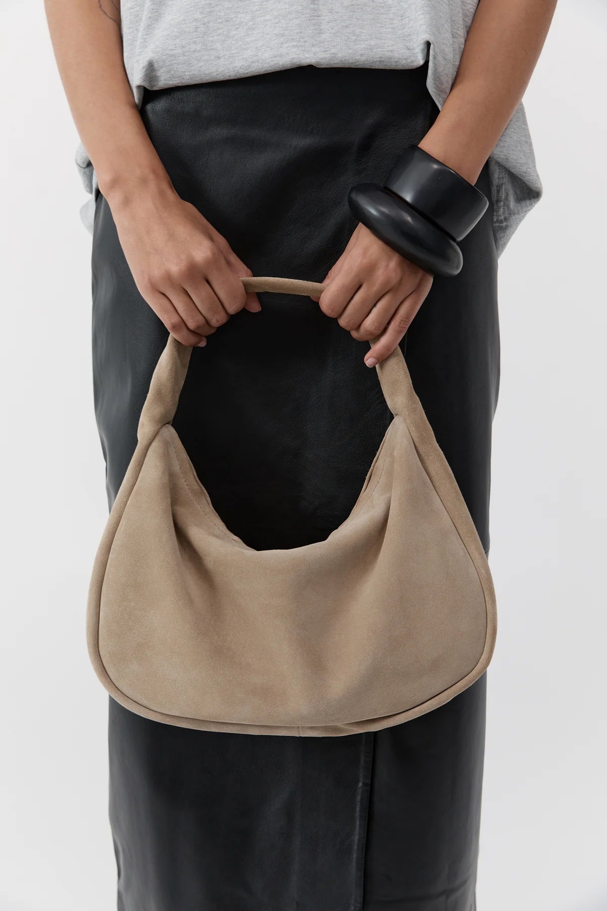 St Agni Suede Large Bon Bon Bag in Rock - styled look