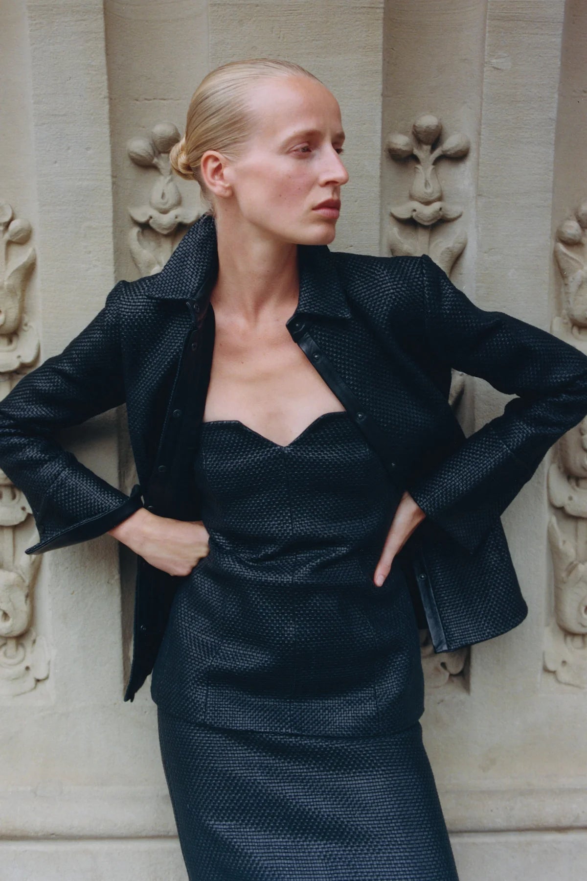 St Agni Woven Leather Strapless Bodice in Black