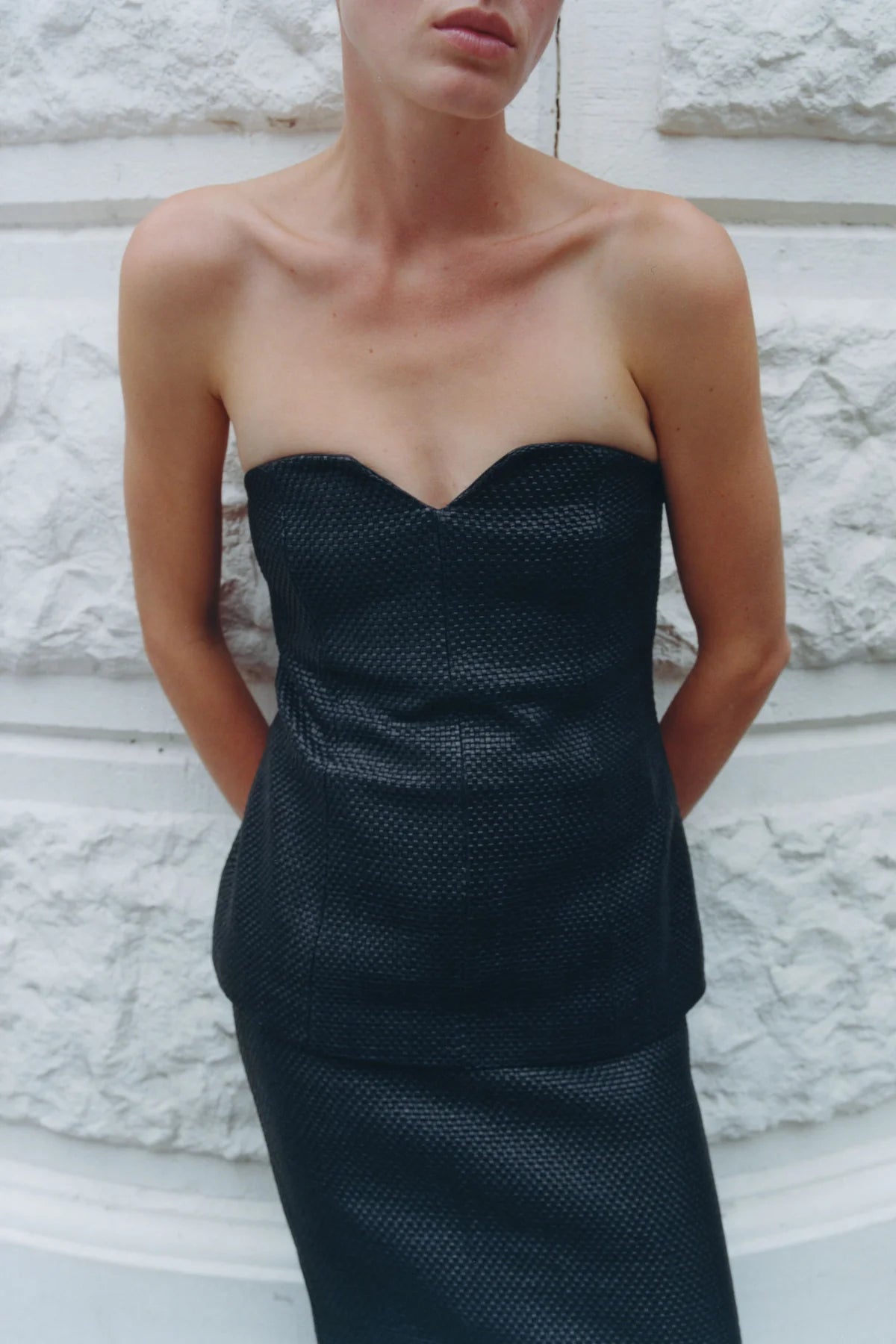 St Agni Woven Leather Strapless Bodice in Black