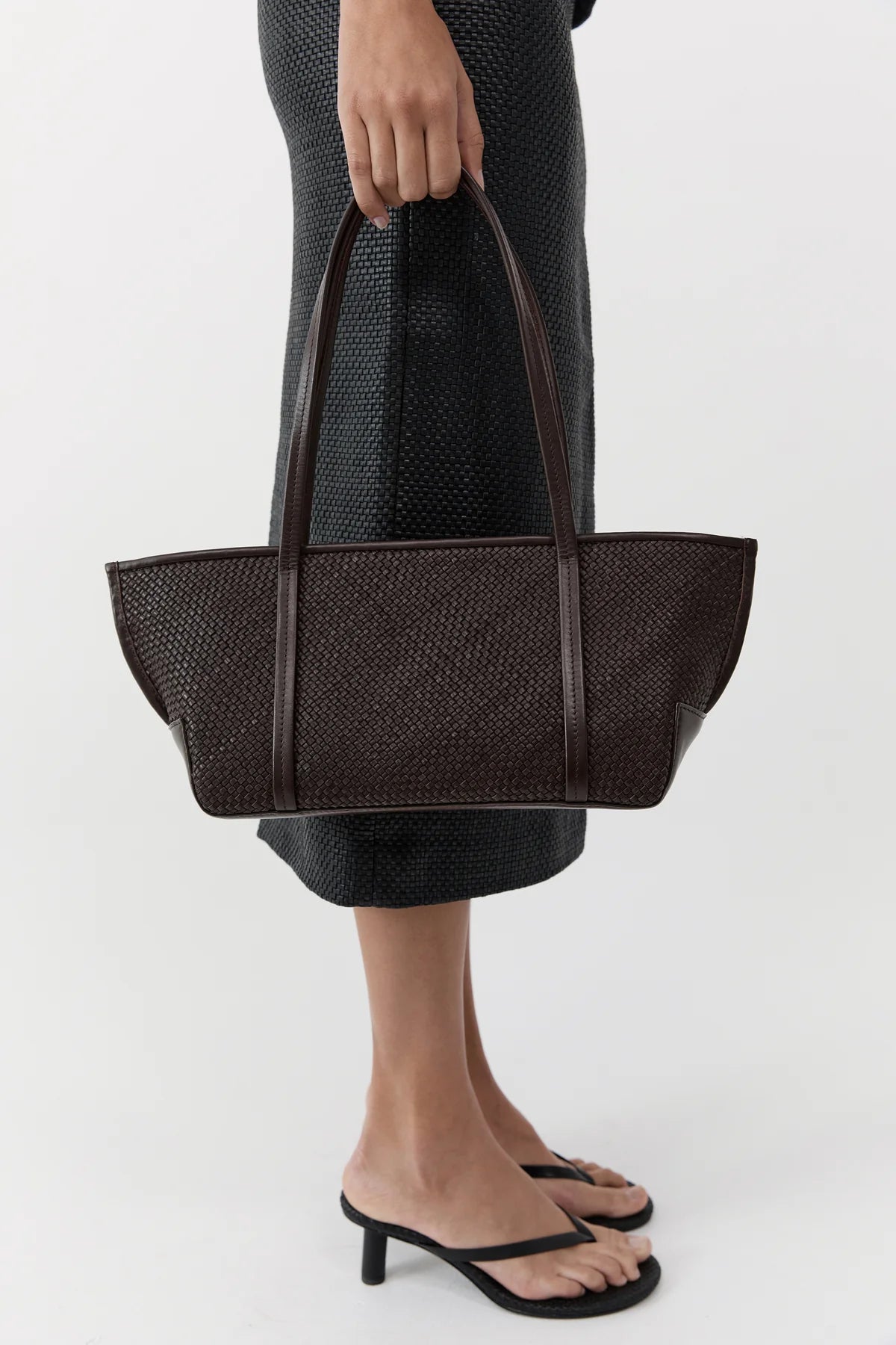 St Agni Woven Slim Bateau Tote in Coffee
