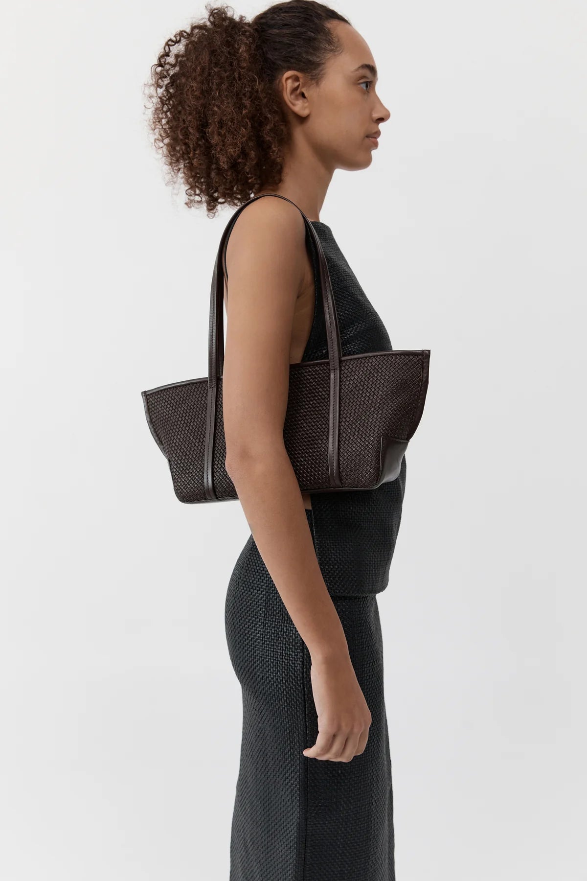 St Agni Woven Slim Bateau Tote in Coffee