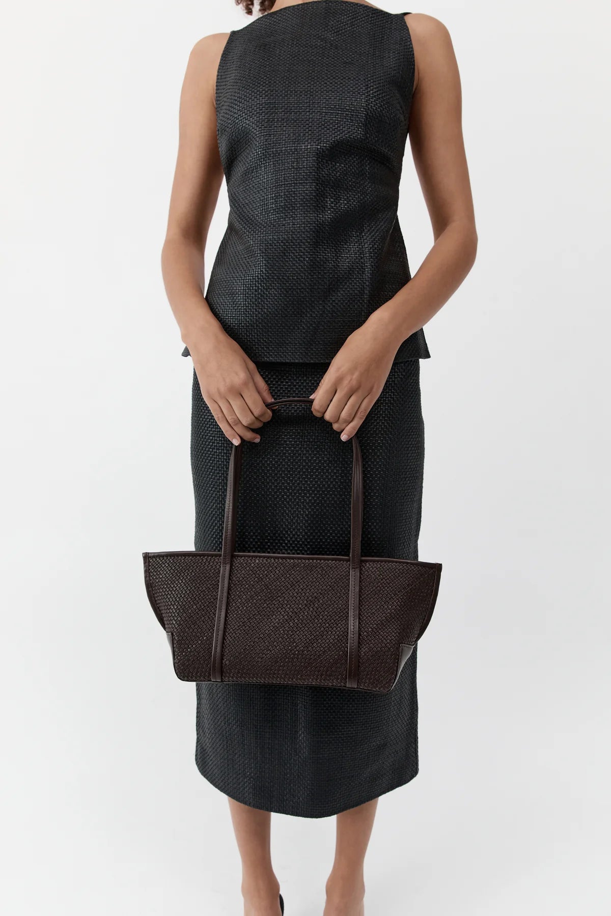 St Agni Woven Slim Bateau Tote in Coffee
