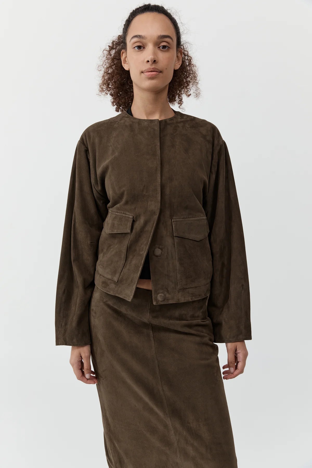 St Agni Suede Utility Cocoon Bomber in Khaki