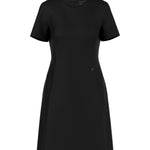 A black short-sleeve shift dress with a crew neck, shown on a light gray background.