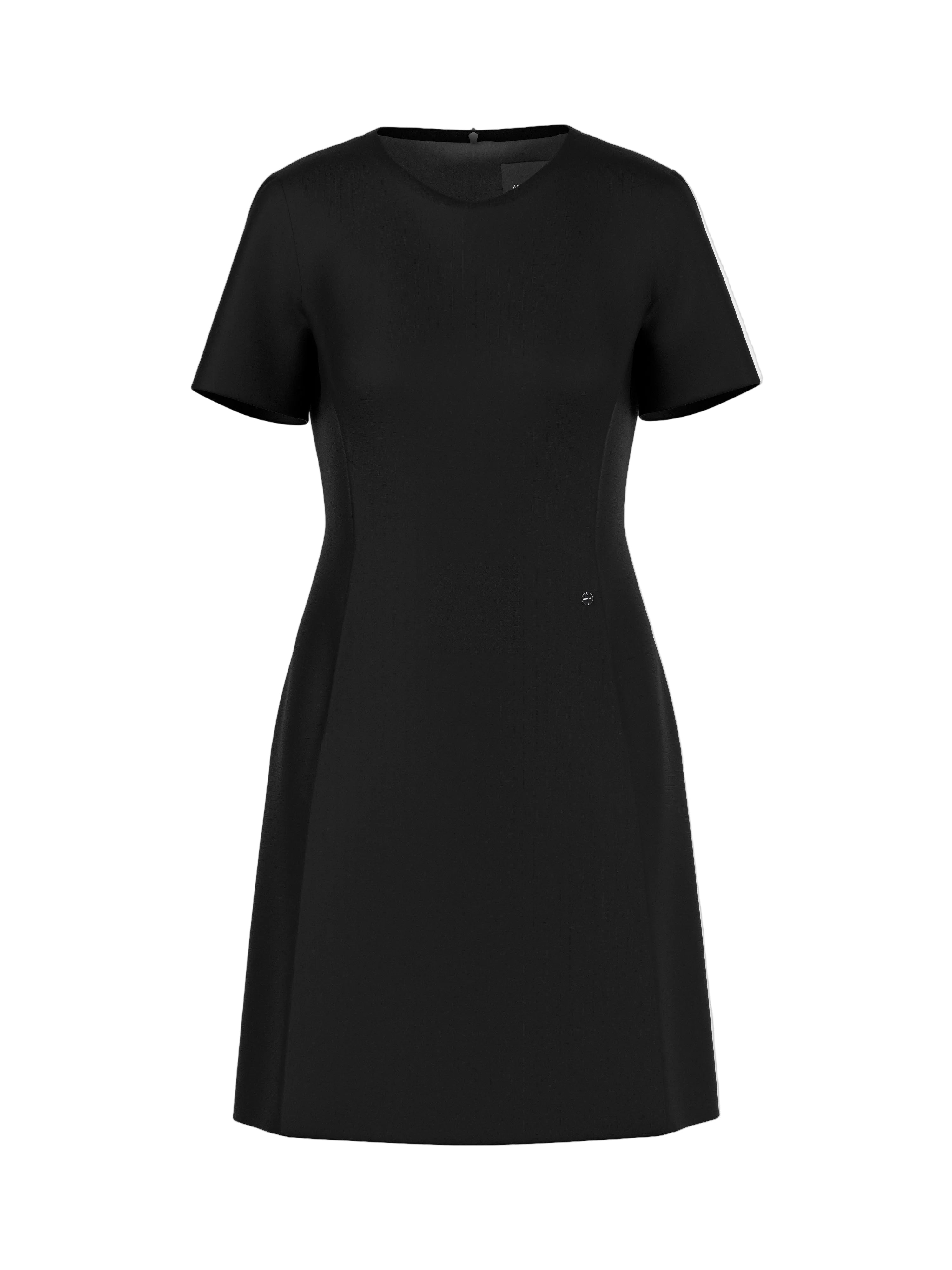 A black short-sleeve shift dress with a crew neck, shown on a light gray background.