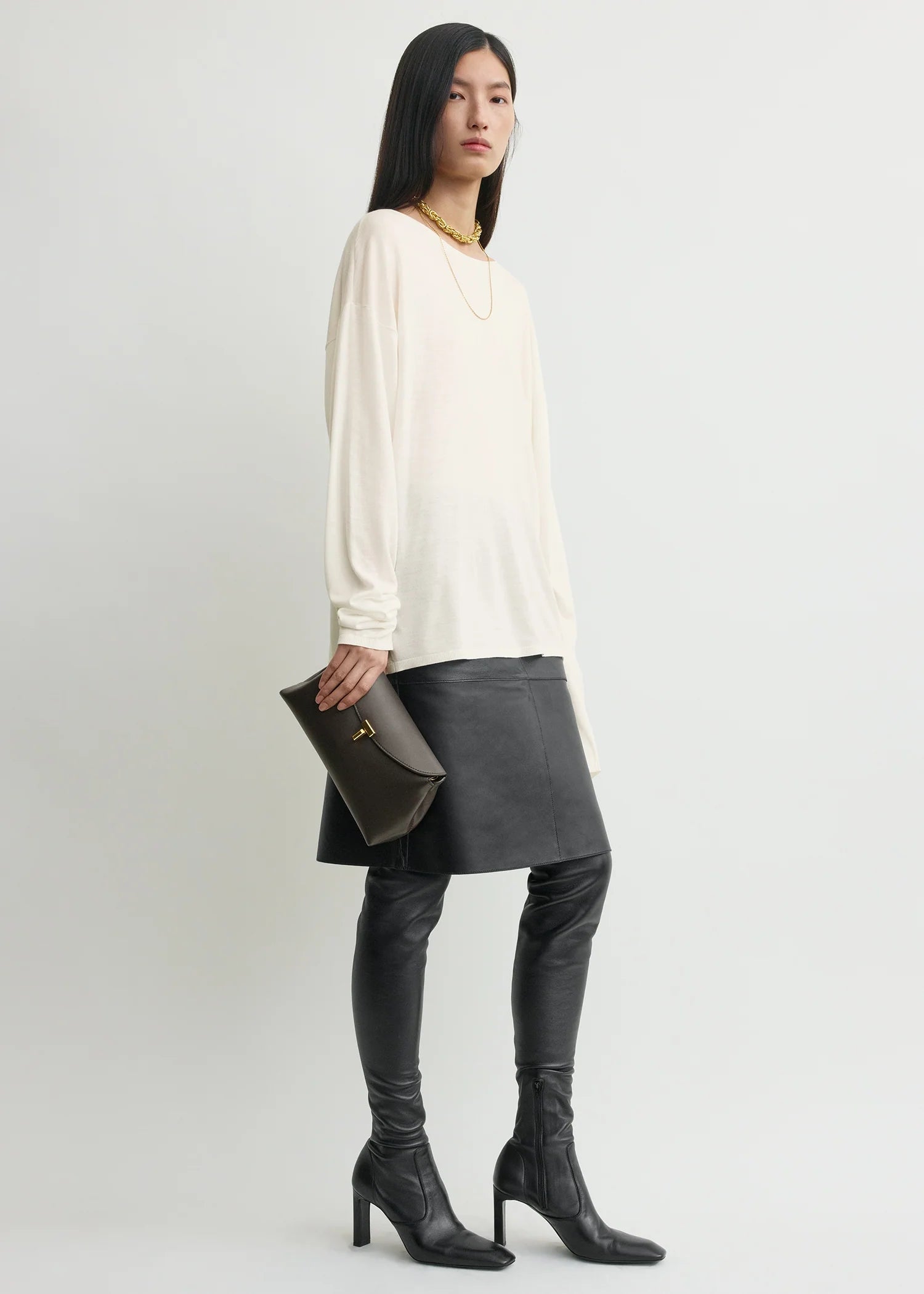 Toteme T-Lock Leather Clutch in Bark