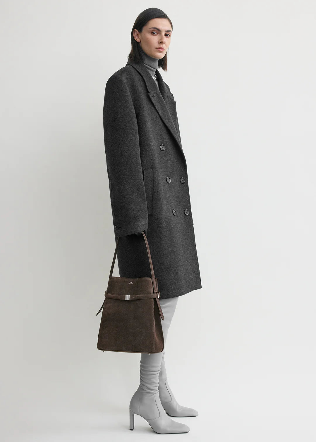 Toteme Belted Suede Bucket Bag in Brown