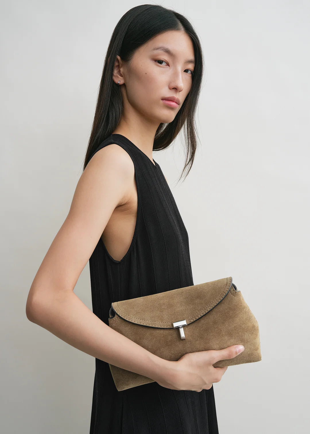 Toteme T-Lock Suede Clutch in Tobacco