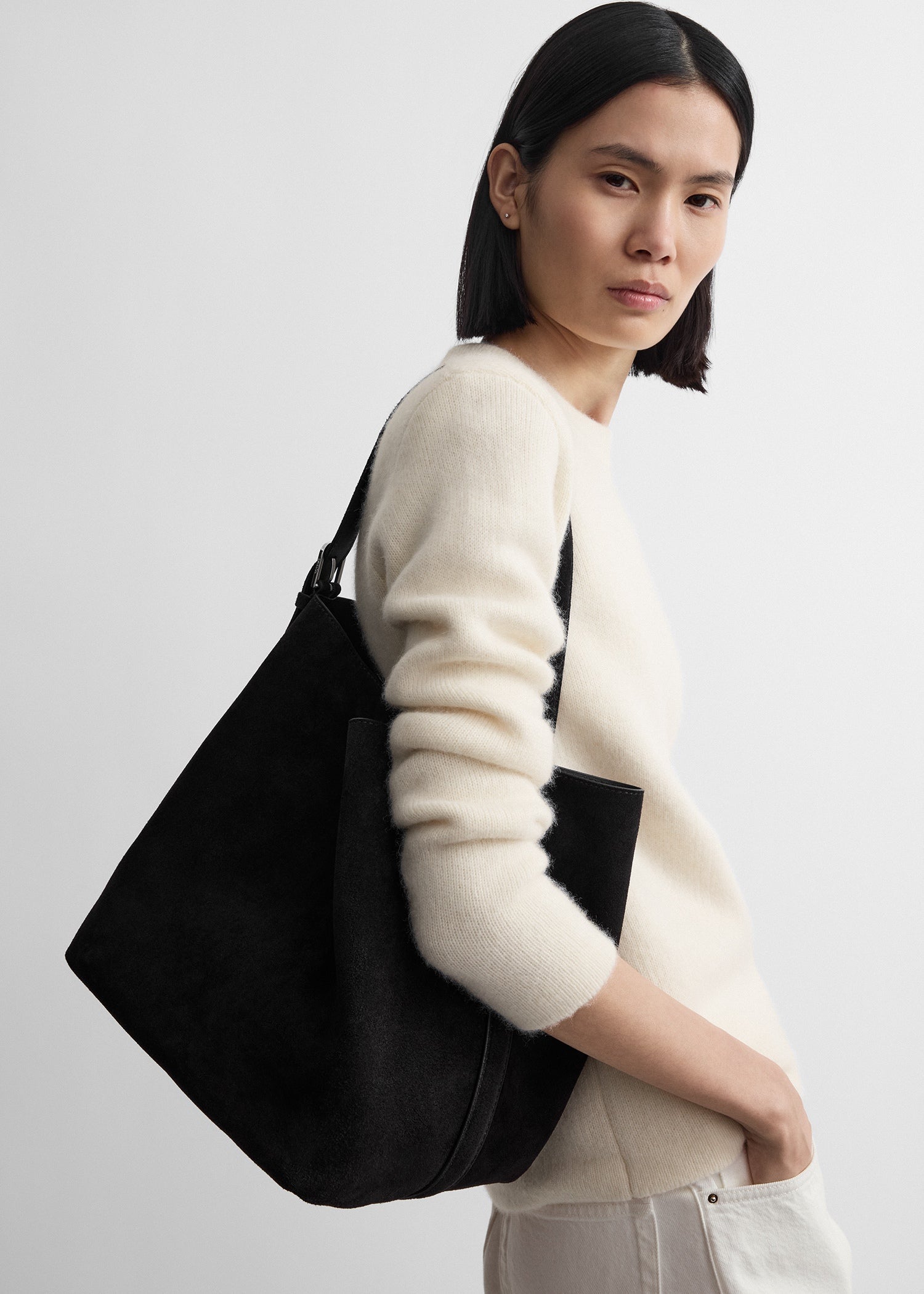 Toteme Medium Belted Suede Tote in Espresso - detail view