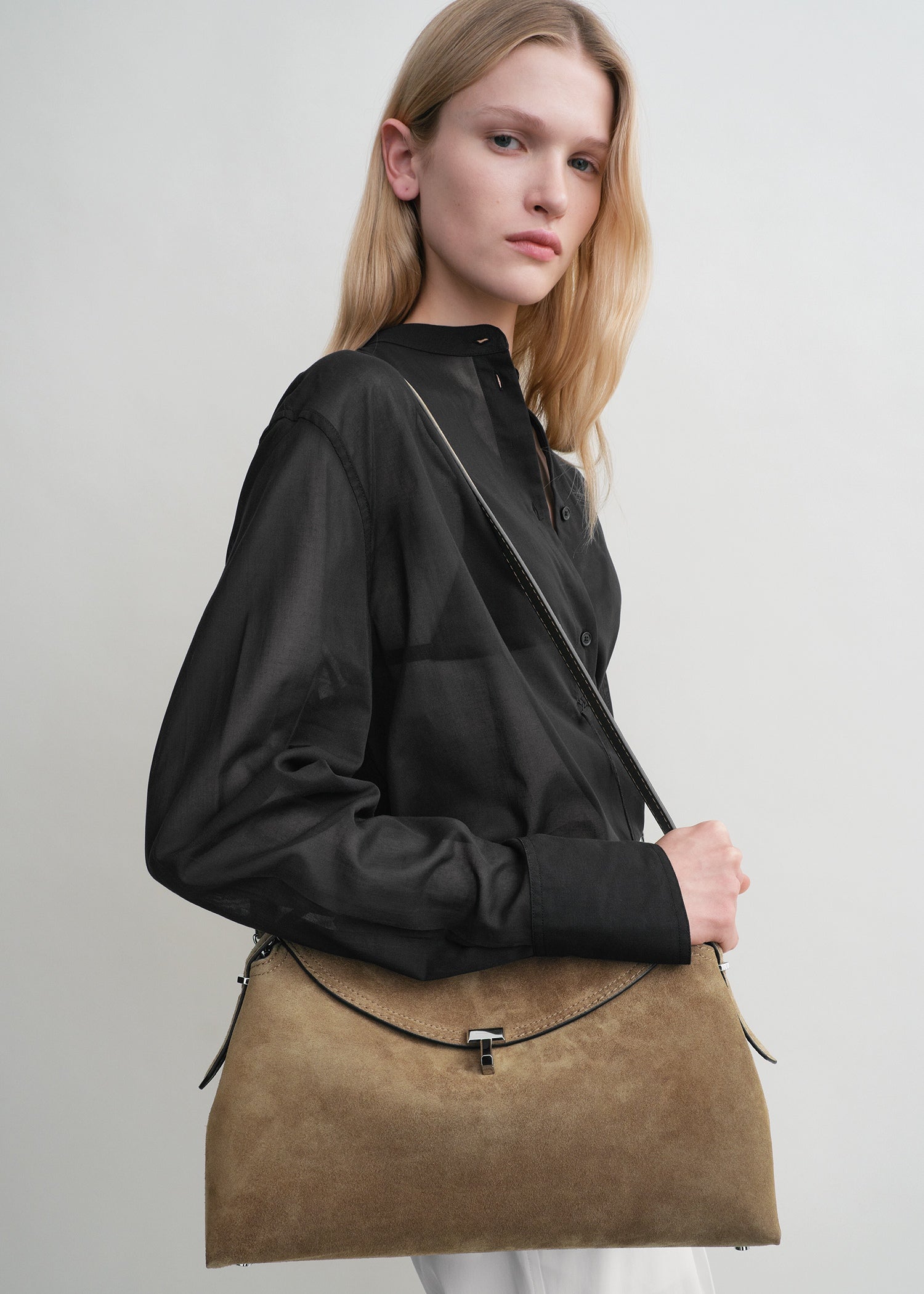 Toteme T-Lock Suede Top Handle in Tobacco - detail view