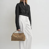 Toteme T-Lock Suede Top Handle in Tobacco - side view