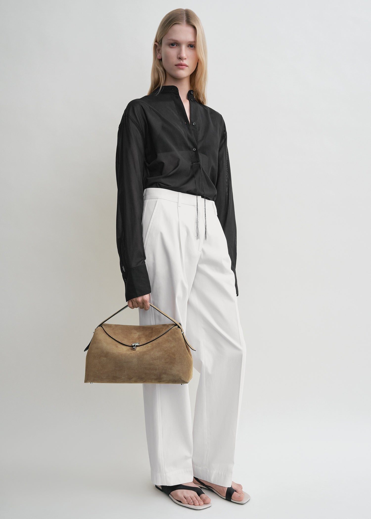 Toteme T-Lock Suede Top Handle in Tobacco - side view