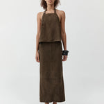 St Agni Suede Column Skirt in Khaki