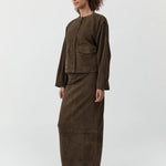 St Agni Suede Column Skirt in Khaki