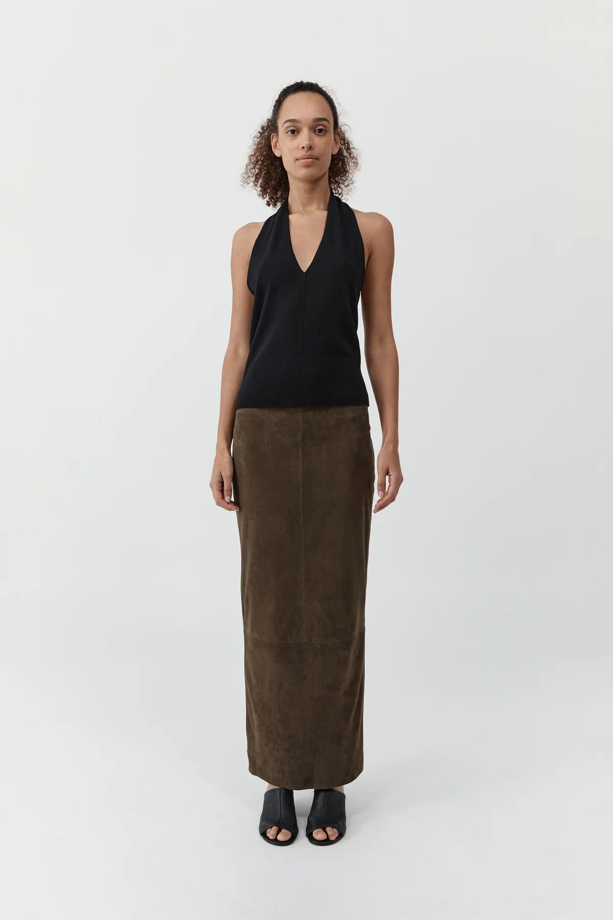 St Agni Suede Column Skirt in Khaki