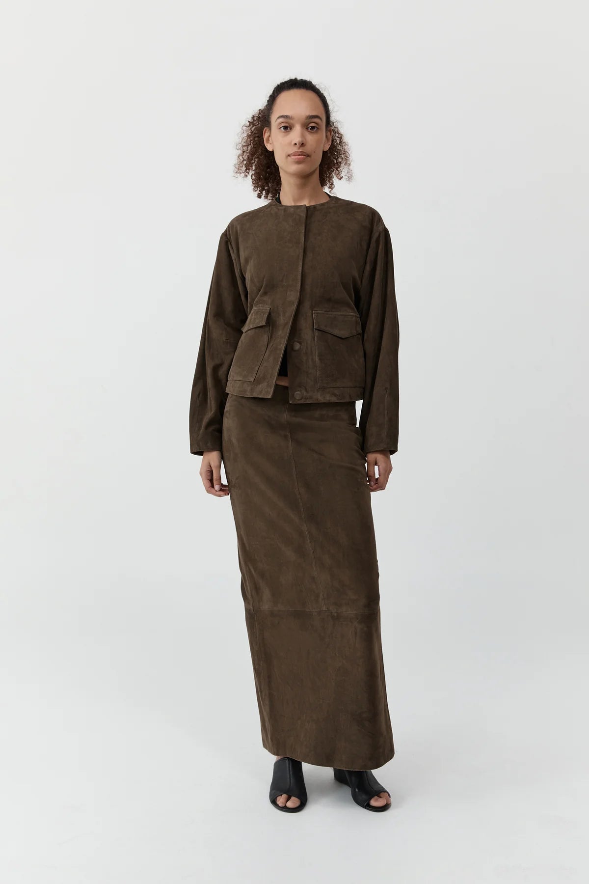 St Agni Suede Column Skirt in Khaki