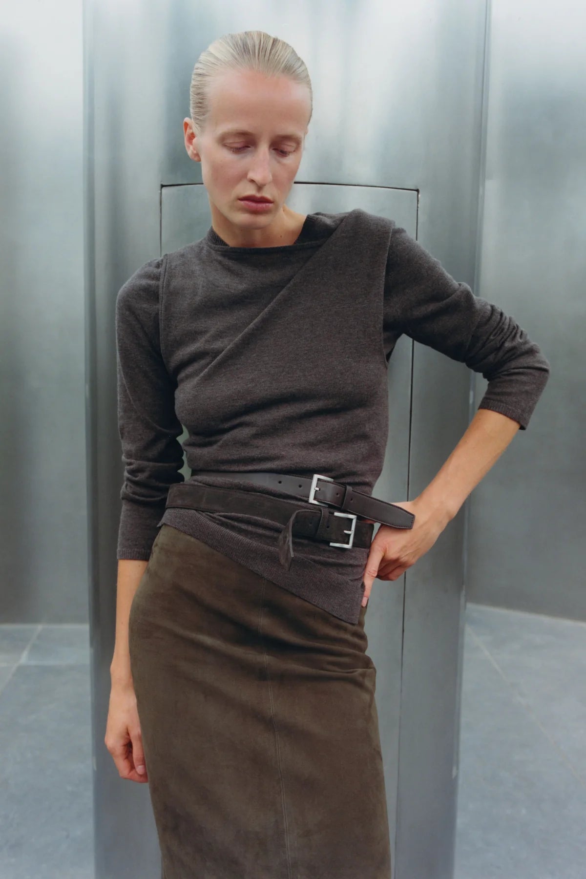 St Agni Suede Column Skirt in Khaki