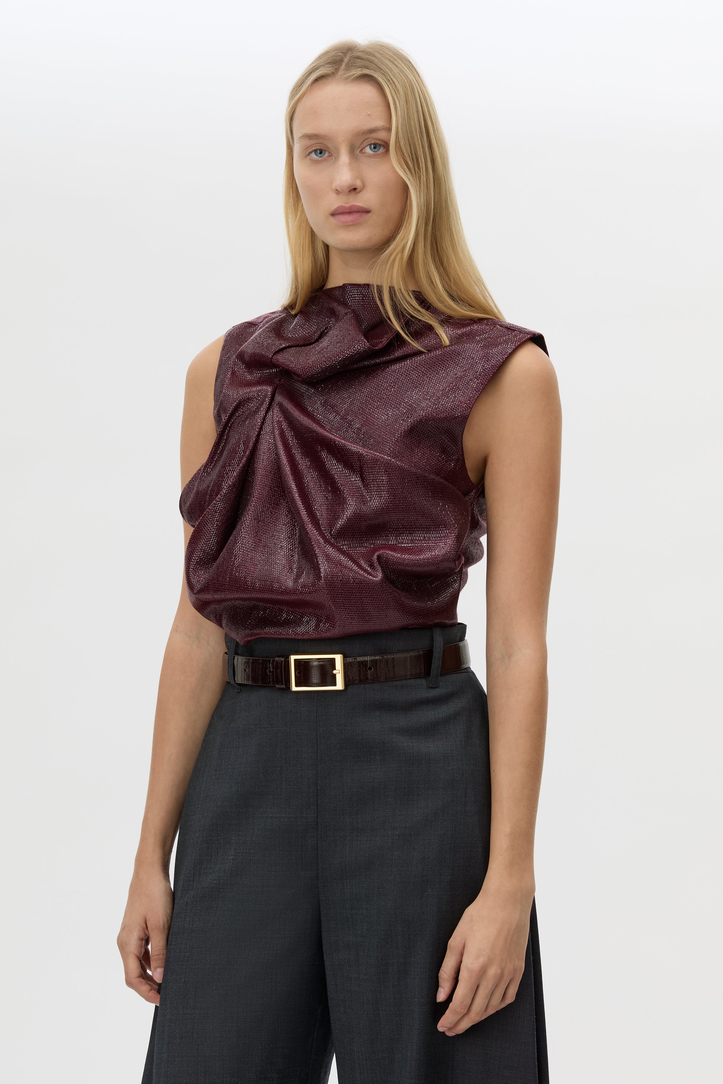 Camilla and Marc Sana Drape Tailored Top in Burgundy - outfit inspiration