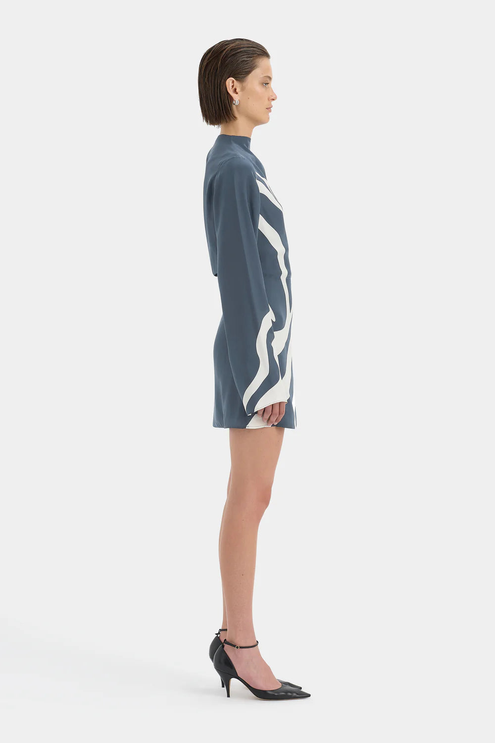 Sir Lilou Long Sleeve Mini Dress in Liora Charcoal Blue - detail view