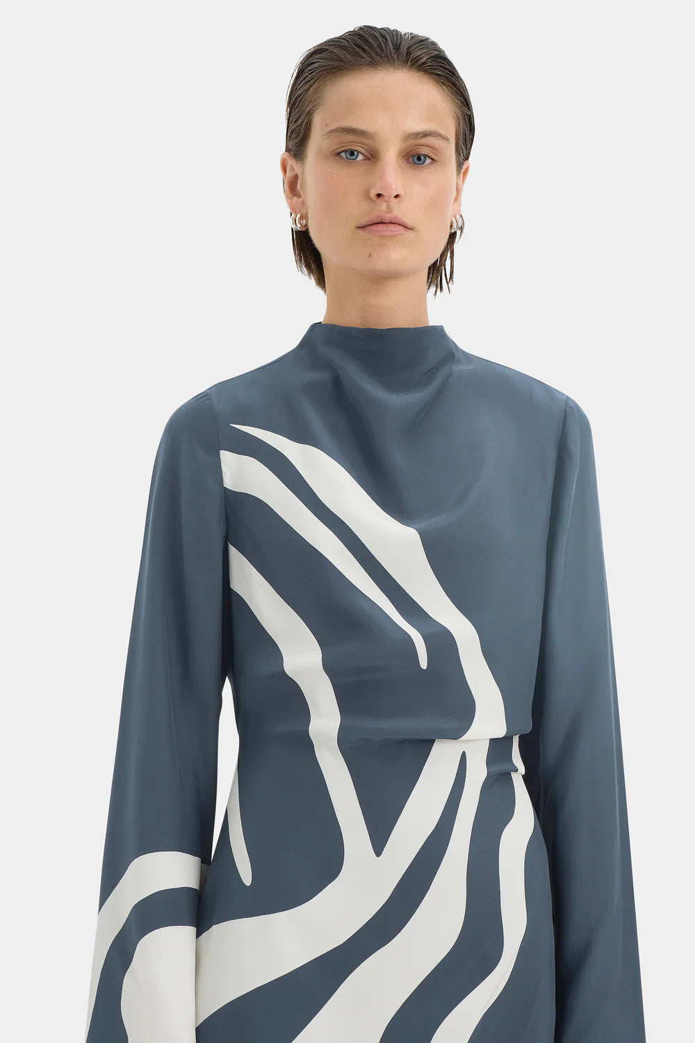 Sir Lilou Long Sleeve Mini Dress in Liora Charcoal Blue - close up