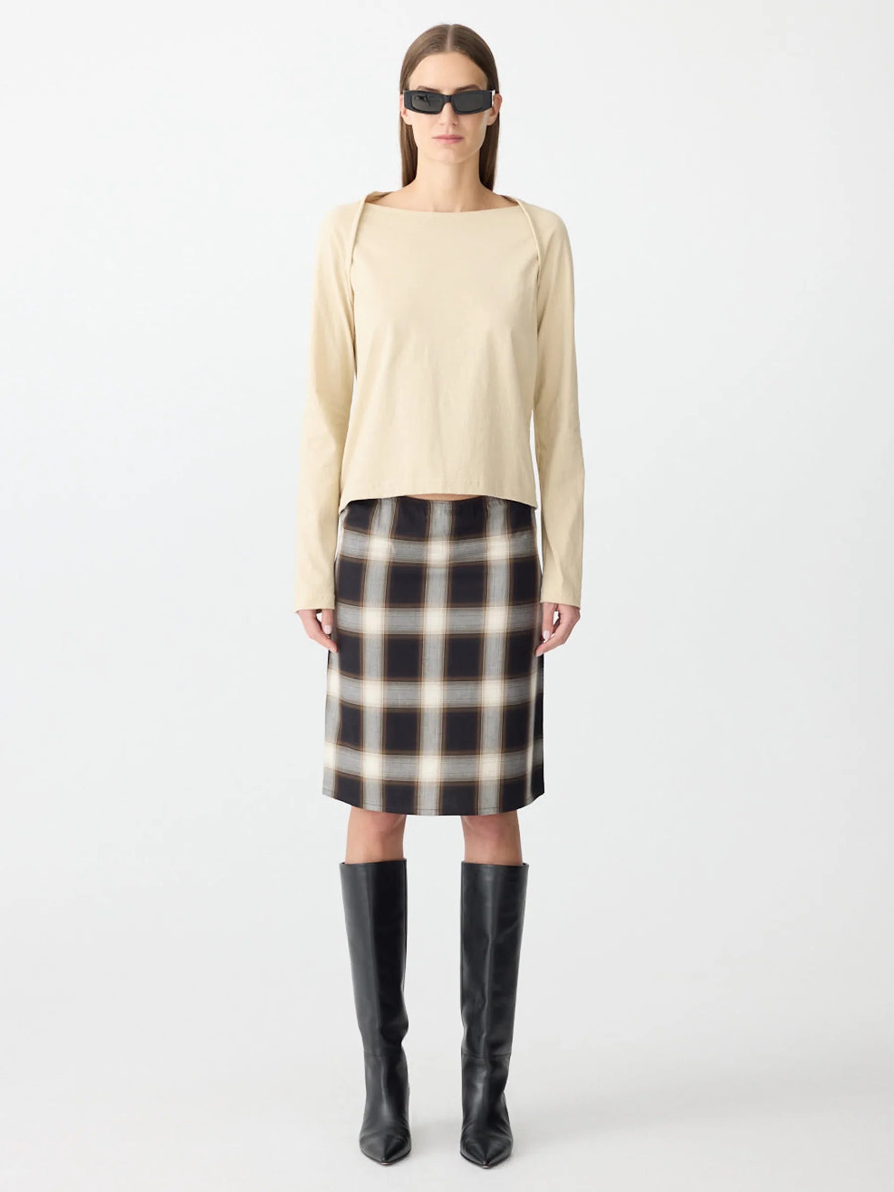 Bassike Check Pull On Skirt in Natural and Brown