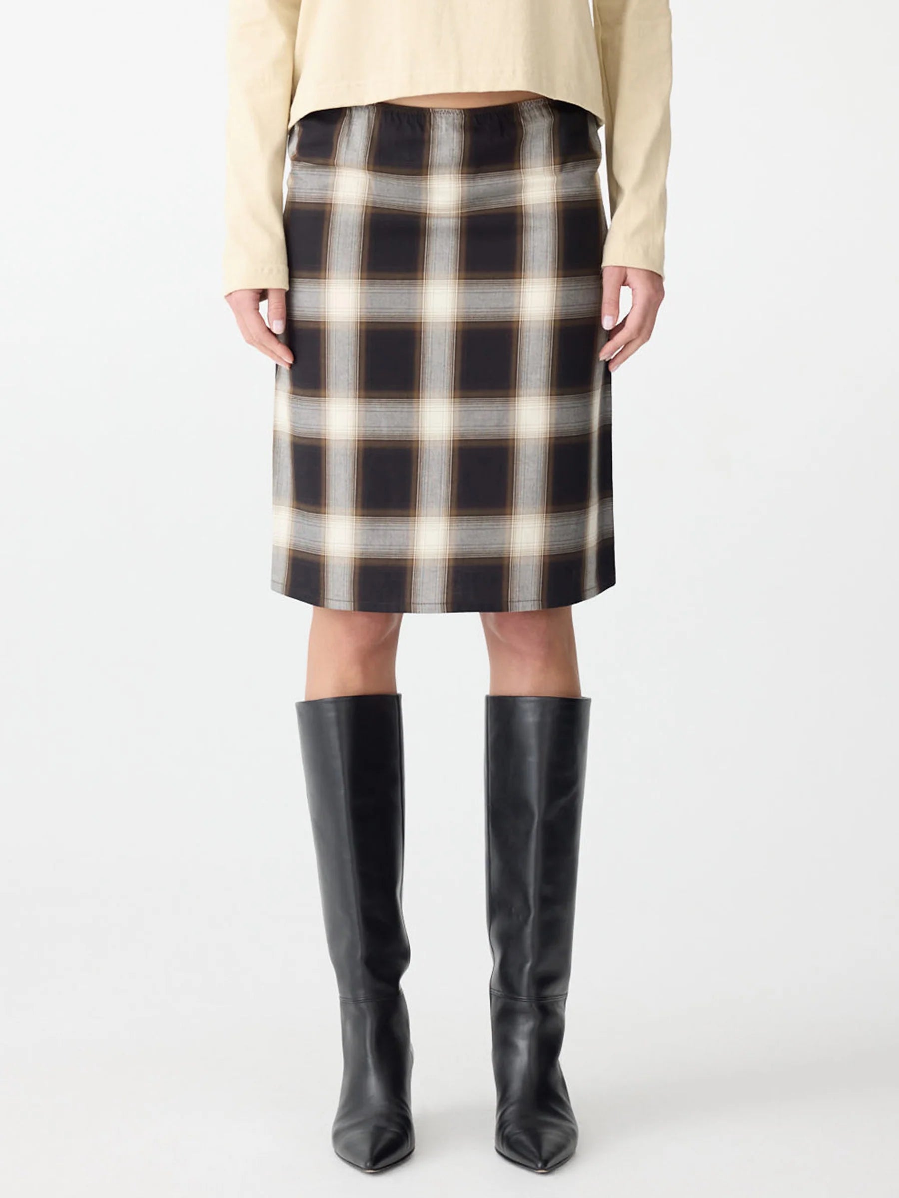 Bassike Check Pull On Skirt in Natural and Brown