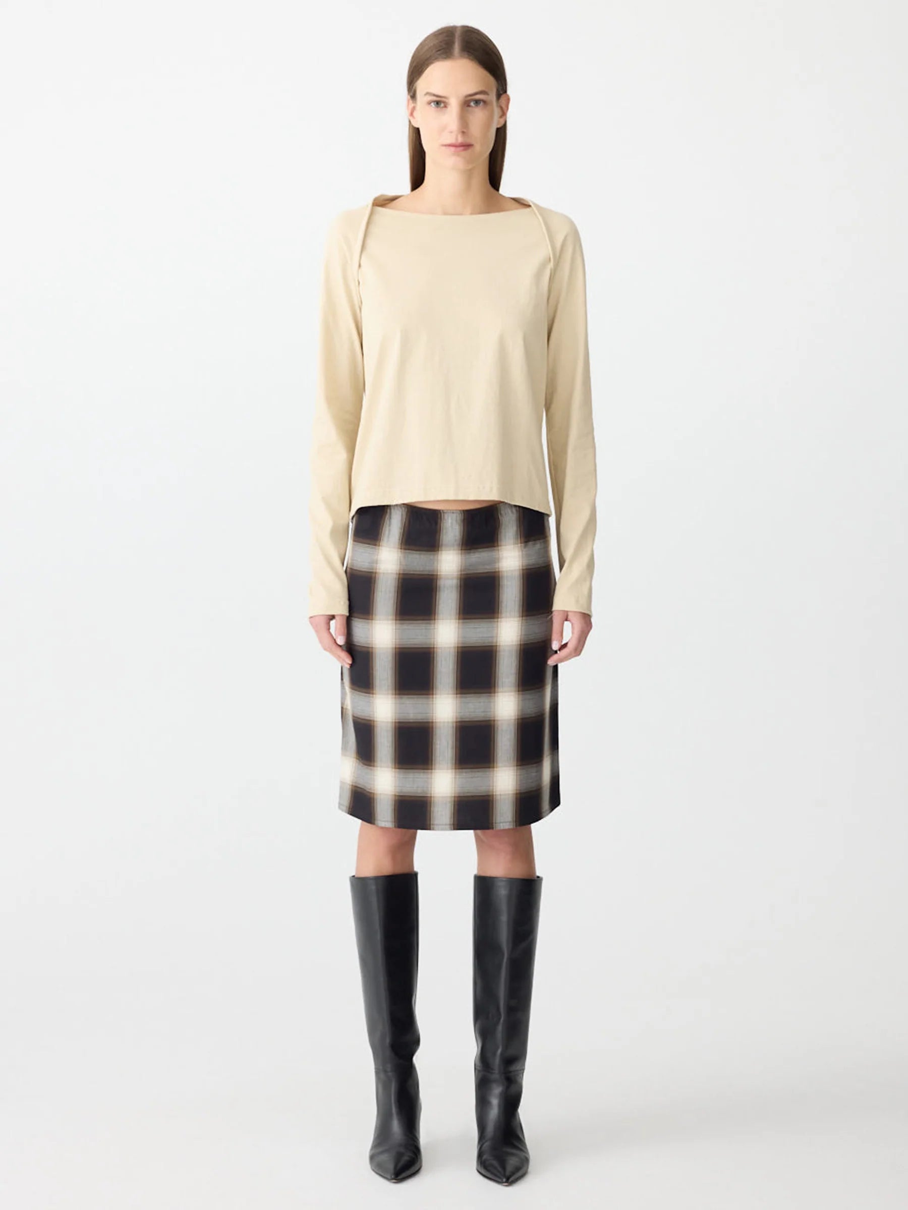 Bassike Check Pull On Skirt in Natural and Brown