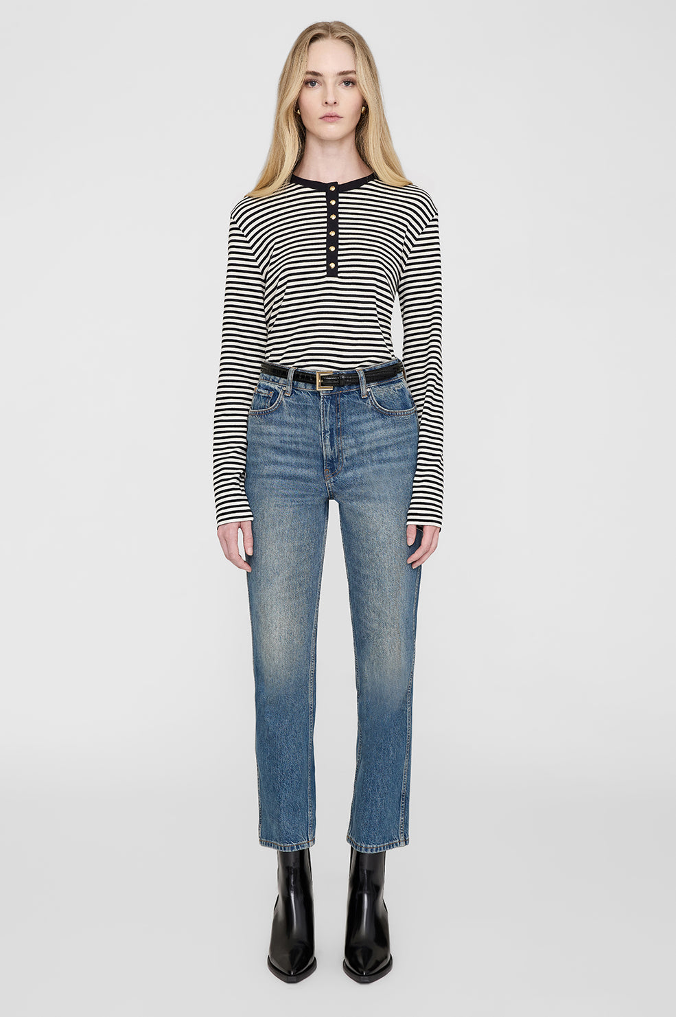 Anine Bing Alessia Long Sleeve Tee in Cream and Black Stripe