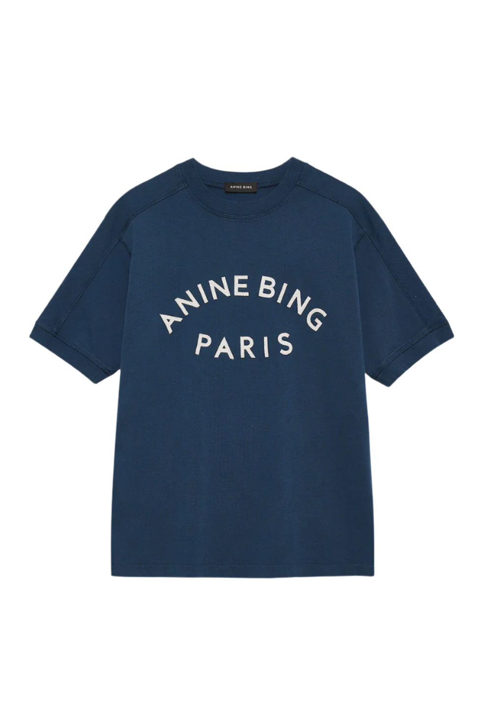 Navy blue t-shirt with 'ANINE BING PARIS' text on a white background