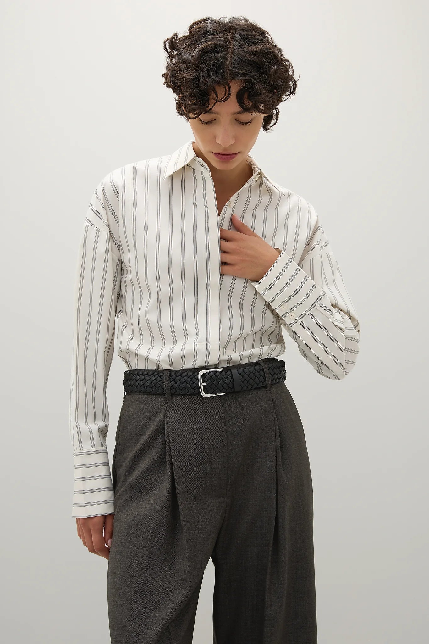 A Emery Linter Shirt in Bone Stripe