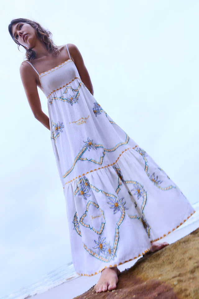 Antipodean Flower Seeker Sun Dress in Snow Drop