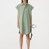 Bassike Crushed Cotton Shirt Dress in Dark Sage